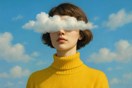 Mujer con una nube tapándole los ojos.